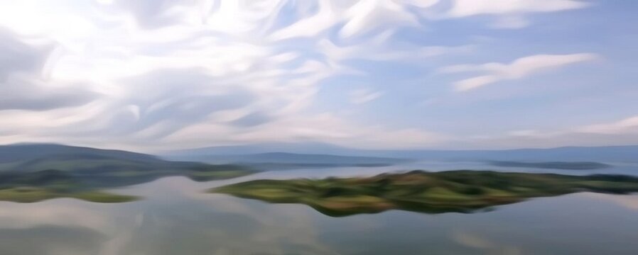 ilustrasi blurred dari pemandangan sebuah danau yang dikelilingi perbukitan dengan awan putih di langit 