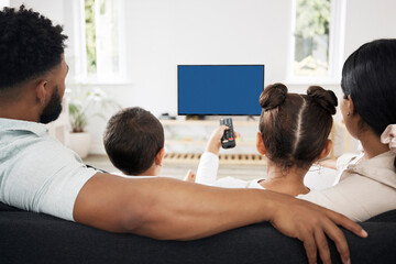 Blue screen, chroma key tv with a relax family watching and enjoy streaming movies, series and...