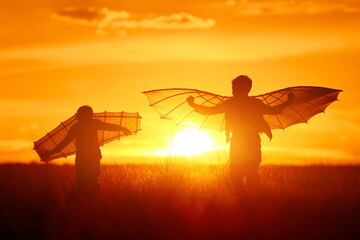 Children silhouettes with wings at sunset. Funny kids run in the meadow on a summer evening. Boys...
