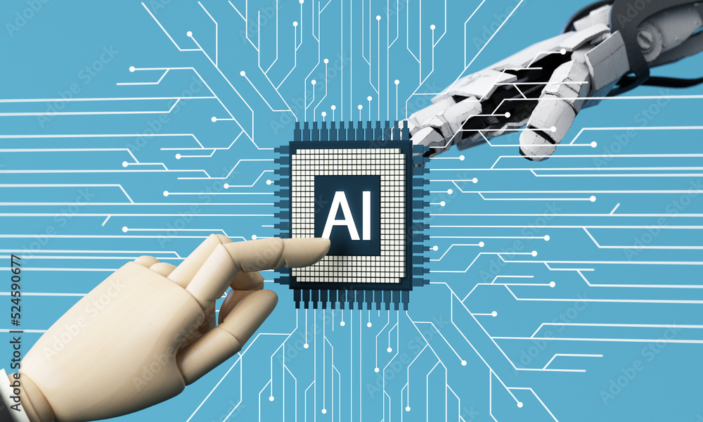 Poster robot hand making contact with human hand. touching at ai chip. on a background full of technology c