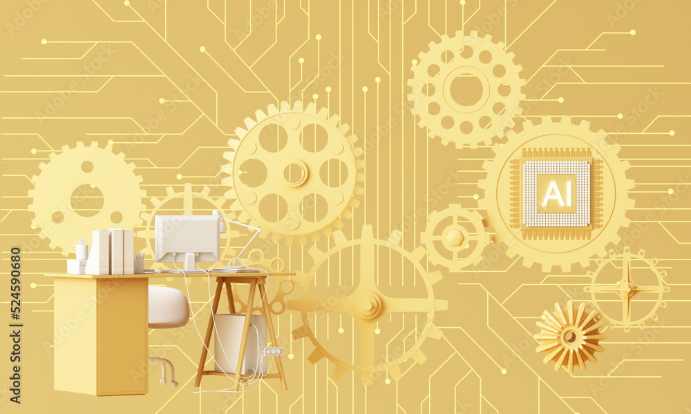 Poster yellow work desk with laptop computer in the future that works with artificial intelligence and mode