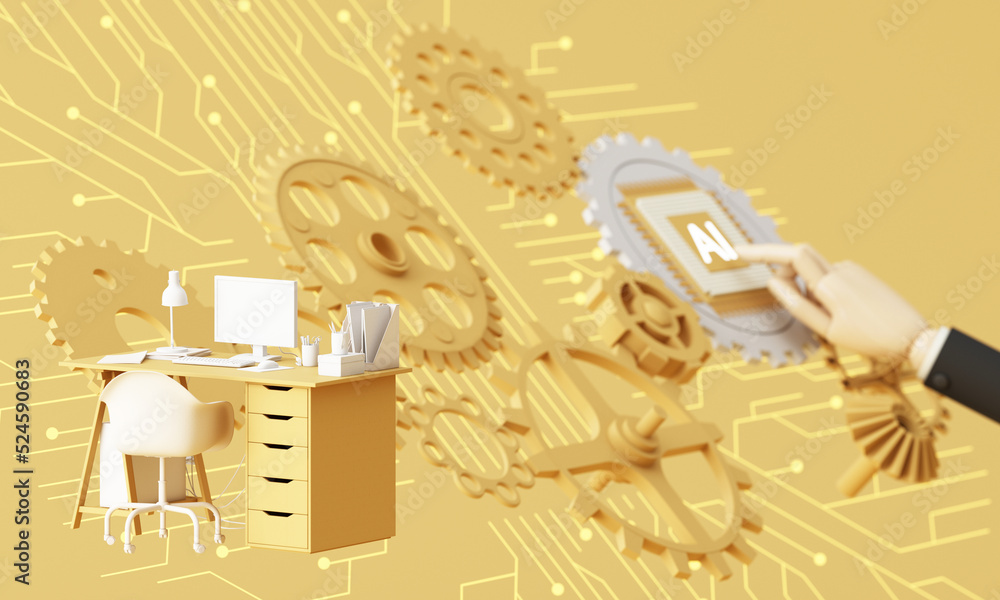 Poster yellow work desk with laptop computer in the future that works with artificial intelligence and mode