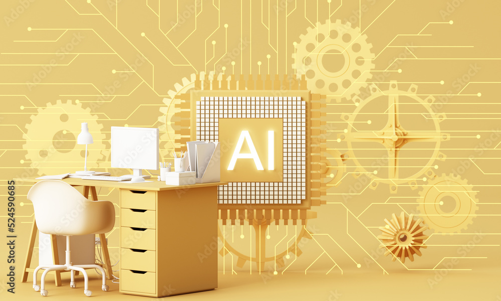 Poster yellow work desk with laptop computer in the future that works with artificial intelligence and mode