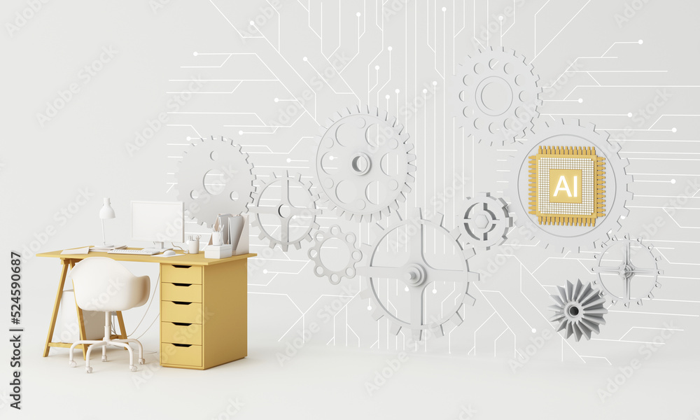 Poster yellow work desk with laptop computer in the future that works with artificial intelligence and mode