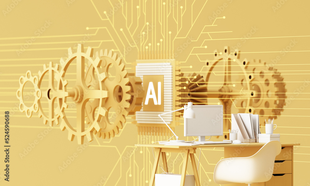 Poster yellow work desk with laptop computer in the future that works with artificial intelligence and mode