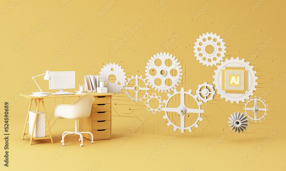 Poster yellow work desk with laptop computer in the future that works with artificial intelligence and mode
