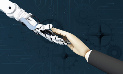 Robot hand making contact with human hand. on a background full of technology circuit boards. 3d rendering