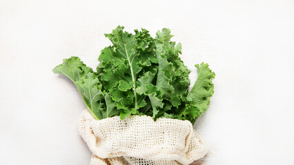 Fresh green curly kale leaves on neutral background.
