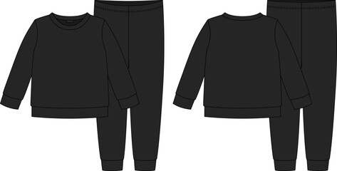 Apparel pajamas technical sketch. Black color. Childrens cotton sweatshirt and pants.