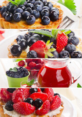 Collage made ofsmoothie with sweet cake and fresh berries.