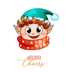 Christmas elf with funny phrase Holiday Cheers. Vector winter illustration for postcard, greeting card, poster, gift. Childish santa helper for holidays.