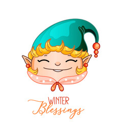 Christmas elf with funny phrase Winter Holidays. Vector winter illustration for postcard, greeting card, poster, gift. Childish santa helper for holidays.