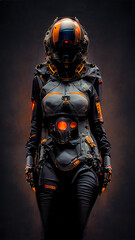Fototapeta premium Futuristic Sci-Fi armour concept with innovative technology for police or military forces on a female body, hyper resolution, photo realistic 3D illustration, 9:16