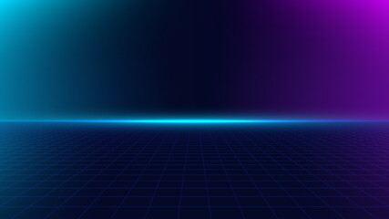 Abstract blue and pink glowing light beam background with lines grid floor retro style