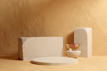 Beige stone podium. Two white sandstone blocks and glass half-sphere on natural beige stone with soft shadow. Concept of shop product or cosmetic display stand background, skincare mock up. 