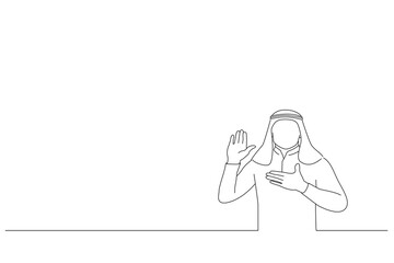 Cartoon of young handsome arab businessman swearing with hand on chest and open palm, making a loyalty promise oath. Line art style