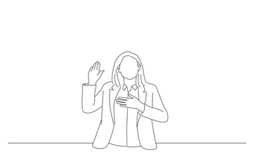 Illustration of young woman wearing business style with hand on chest and open palm, making a loyalty promise oath. Outline drawing style art