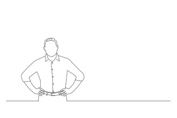 Cartoon of handsome businessman looking satisfied, smiling and holding hands on waist. One line art