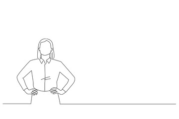 Drawing of young woman standing with hands on waist. Outline drawing style art