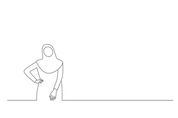 Cartoon of young muslim woman standing with hands on waist confident and stylish. Oneline art drawing style