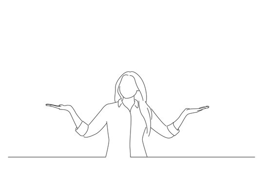 Cartoon of happy smiling woman gesturing with hands and showing balance. Oneline art drawing style