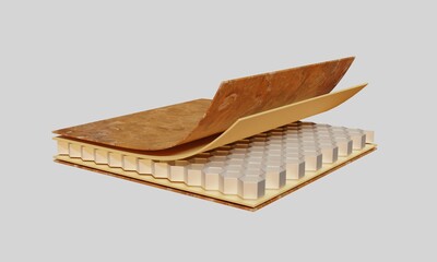 Marble coated aluminum honeycomb panel in tan onyx with white granite flecks. Layers of gluing of an integral product. 3d rendering.
