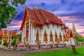 Beautiful Wat Chalong Buddhist temples in Phuket Thailand. Decorated in beautiful ornate colours of...