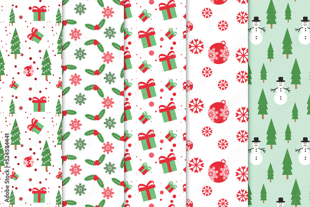 Poster abstract pattern collection with red and green christmas elements vector. seamless christmas pattern