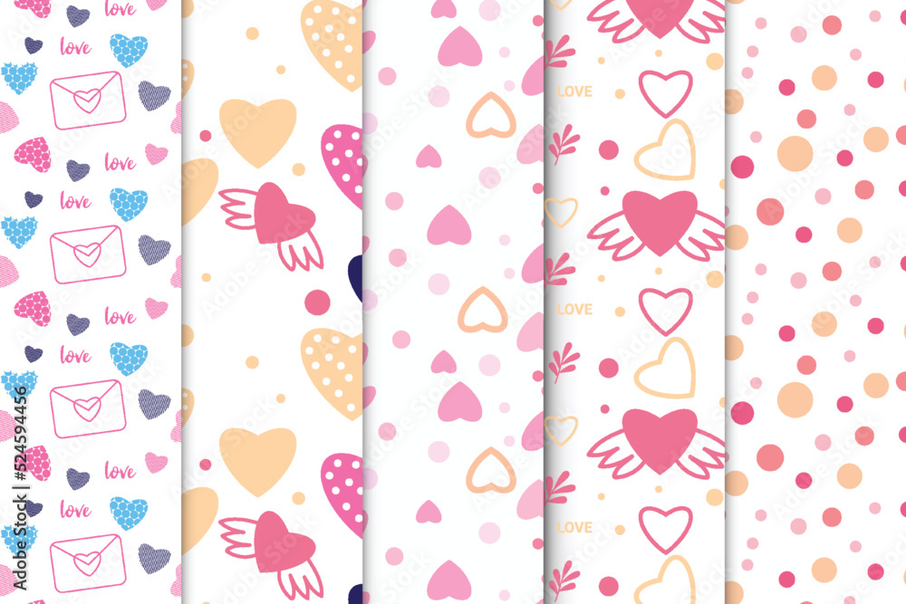 Poster delicate seamless pattern collection with different love shapes. love minimal pattern bundles with w