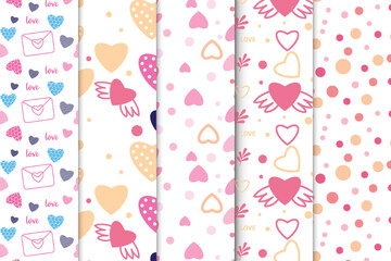 Delicate seamless pattern collection with different love shapes. Love minimal pattern bundles with white backgrounds. Romantic decoration pattern set for bed sheets or wallpapers.