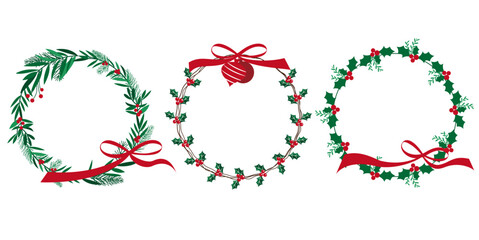 Set of Christmas green and red wreath. Christmas decoration frame collection. Green leaves and winter berries decoration round frame for Holiday decoration. Vector illustration.