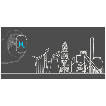 Concept Of Green Hydrogen Energy. Hand Holding Tank With Hydrogen. Energy Generation And Heavy Industry. Thin Lines Style