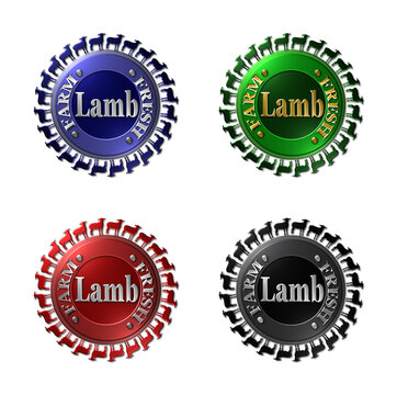 A set of 4 - 3D rendered illustrations of metallic textured seals for Farm Fresh sheep of Lamb products, isolated on a white background 