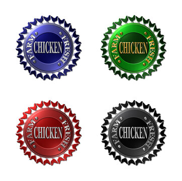 A set of 4 - 3D rendered illustration of metallic textured seals for Farm Fresh chicken products. isolated on a white background 
