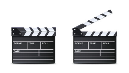 3d realistic vector icon. Movie clapper board open and closed.