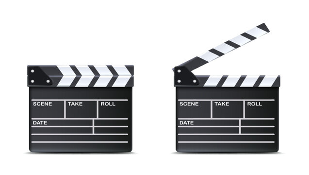 3d realistic vector icon. Movie clapper board open and closed.