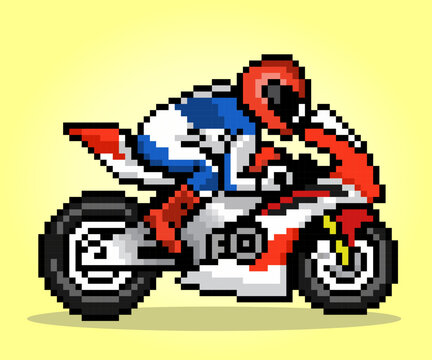 8 -Bit Pixel the man riding motorcycle in vector illustrations for game assets or cross stitching patterns.