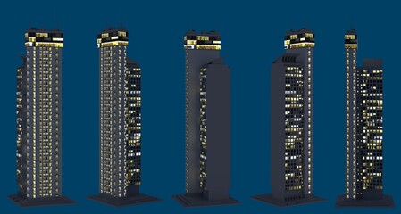 3d illustration of architecture - various fictional houses at dusk with lights turned on - isolated on dark blue, side view