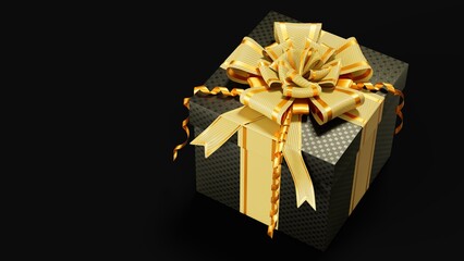 golden - black decorated surprise gift box on black, isolated - object 3D illustration