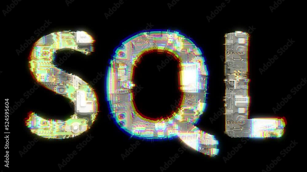 Poster glitch style cybernetical animated text sql on black background, isolated - loop video