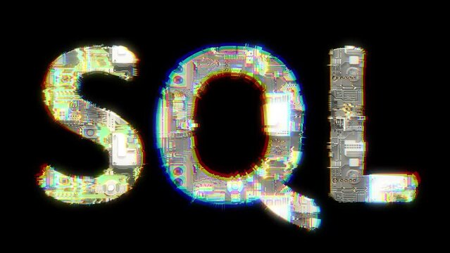 glitch style cybernetical animated text SQL on black background, isolated - loop video