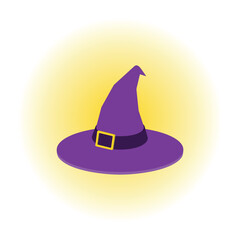 Color illustration witch hat, moon on white background. Vector illustration. Design element for poster, banner, sticker, icon, symbol. Symbols of the holiday Halloween.