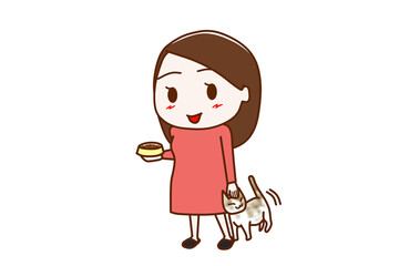 （全身斜め）飼い猫が餌をもらいに甘えてきて嬉しくて笑顔になる女性