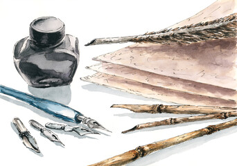 Calligraphy tools. Ink and watercolor on paper.