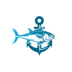 tuna fish and anchor logo, silhouette of blue big eye fish, vector illustrations