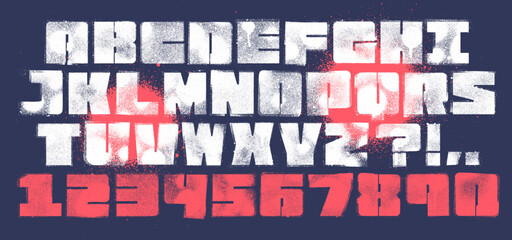 Square Stencil font with spray paint texture and mis-printed overspray. Highly detailed vector textures taken from high res scans. Compound path and optimised. Original design font