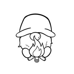cartoon lines camping gnomes holding hiking gear coloring book for kids