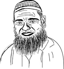 Young man avatar character male muslim face cartoon, islamic man face line art vector silhouette, muslim man face cartoon drawing, Muslim man character