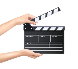 3d realistic vector icon. Movie clapper board opened with hands.