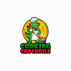Crocodile Chef Cooking Logo Design, Cartoon Vector Icon Illustration.